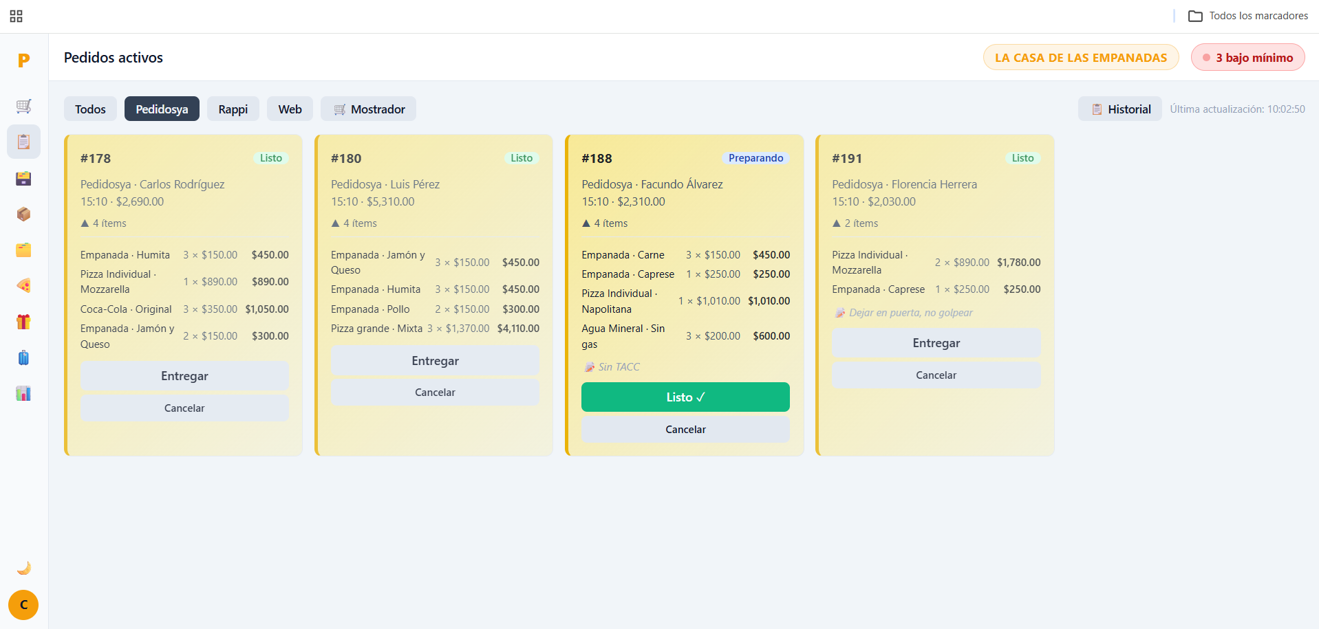 Panel de pedidos en modo claro